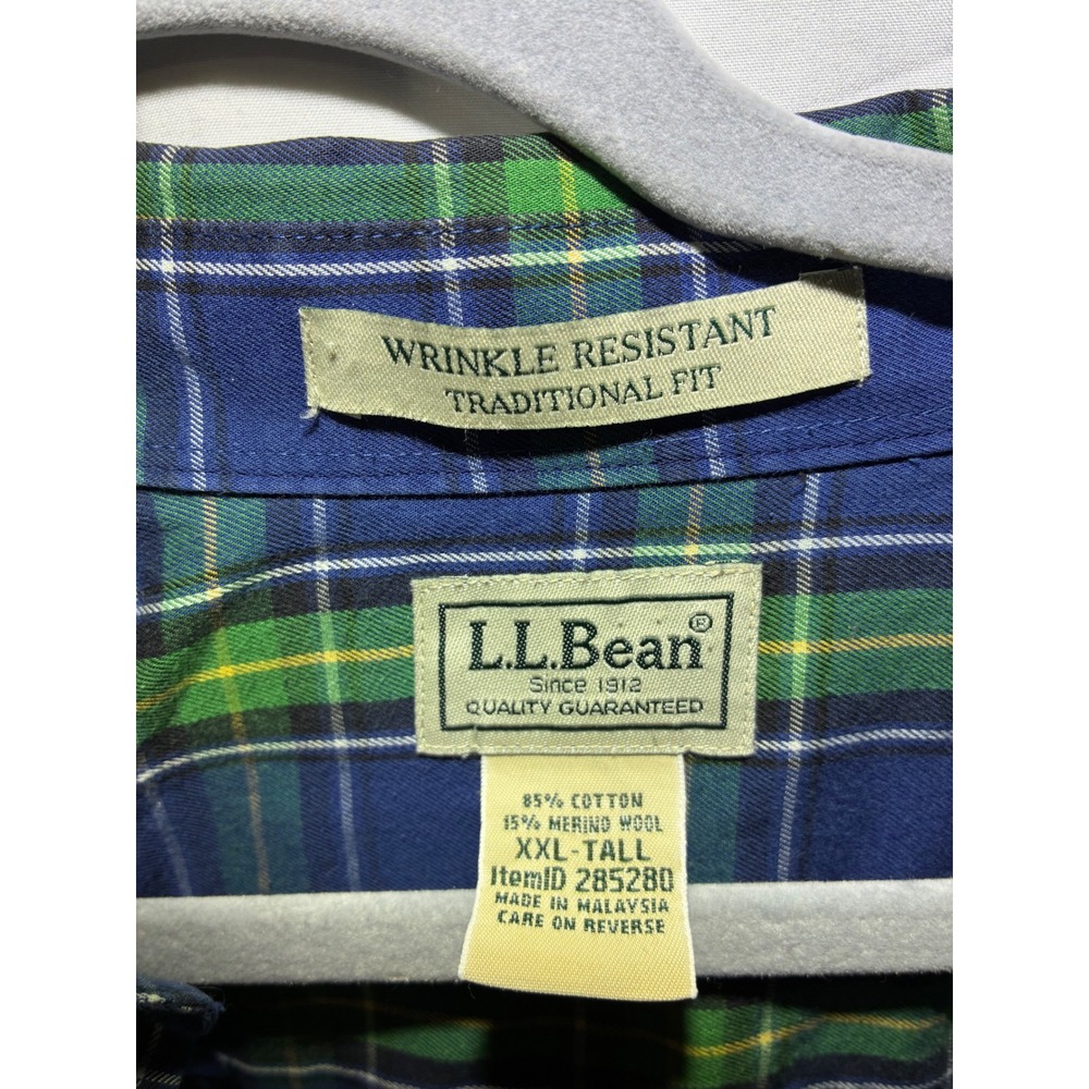 LL Bean Mens XXL Tall Blue Green Plaid Cotton Merino Wool Button Down Shirt - Picture 2 of 6